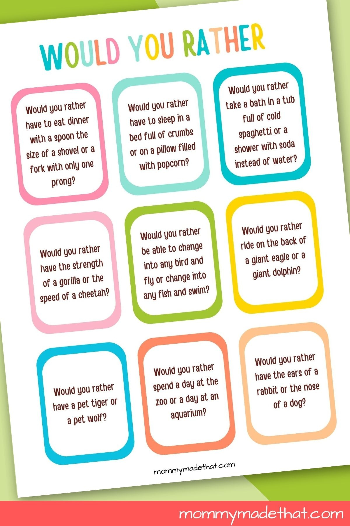 Would You Rather Questions For Kids (Plus Free Printable Cards) within Kids Would You Rather Questions Printable